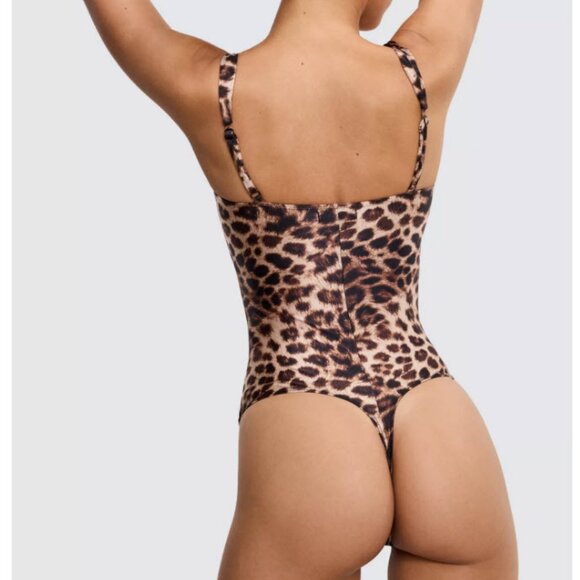 NWT Womens Good American  Fierce Leopard Print Sweetheart Satin Thong Bodysuit S - Picture 3 of 9